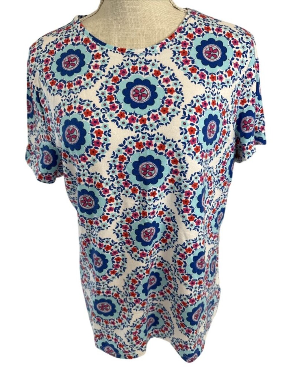 Talbots Floral Print Tee Cotton Blend White/Blue/Red Short Sleeve XL